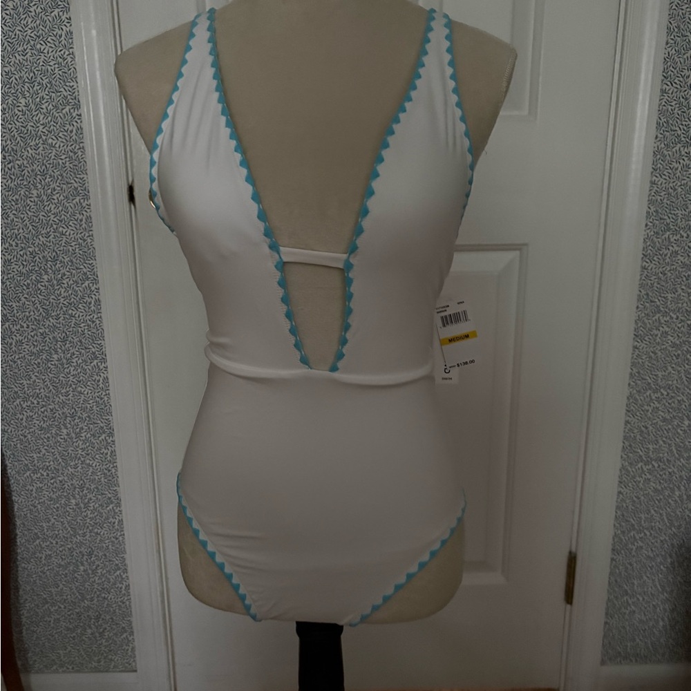 NWT Lucky Brand White and Blue Trim Women's Bathing Suit